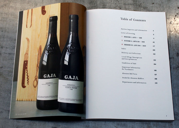 Vintages Auction Catalog Table of Contents